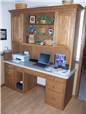Oak computer desk with file drawers,keyboard tray, and upper display/storage cabinet