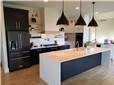Painted maple cabinets - Quartz countertops with waterfall ends on the island