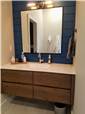 Rustic hickory floating vanity- stained - slab front - cultured marble countertop