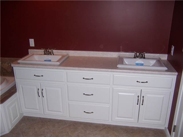 Painted cabinet - Raised panel doors - Standard overlay style - Laminate countertop with drop-in sinks