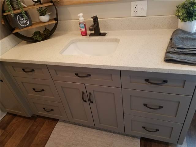 Painted cabinet with flat panel doors and drawer fronts - full overlay style - Quartz countertop
