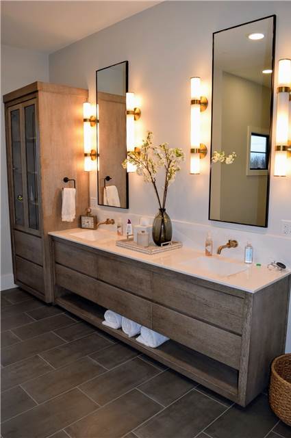 Wire Brushed White Oak - Slab Front - Cultured marble countertop