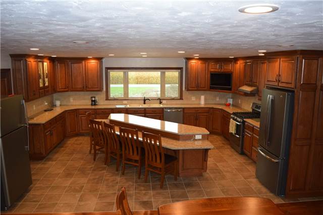 Medium stained hickory cabinets - Quartz countertops